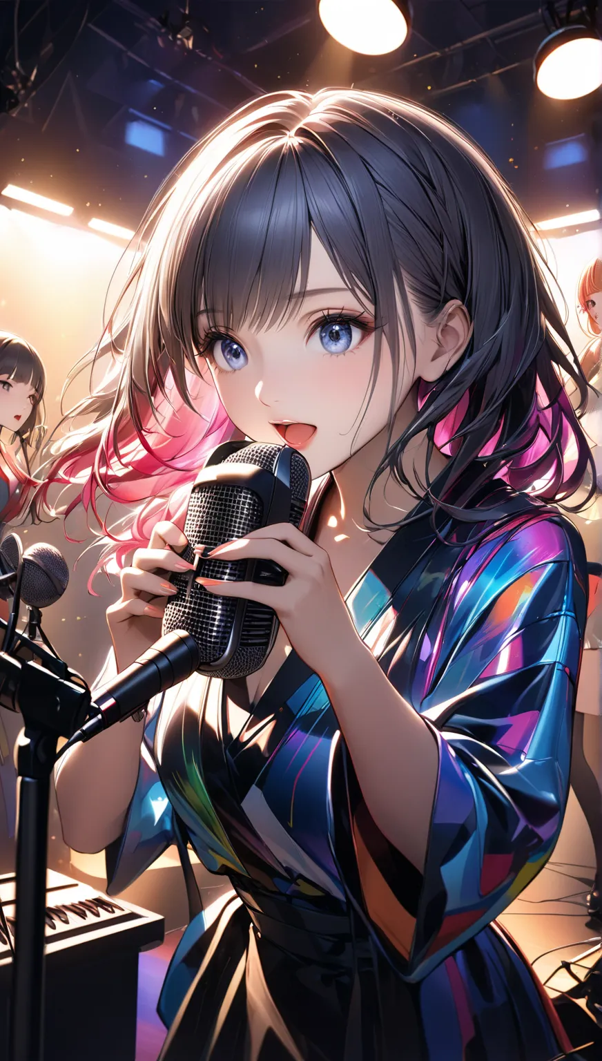 Three pretty girls from a Japanese girls group, singing in front of a microphone in a recording room