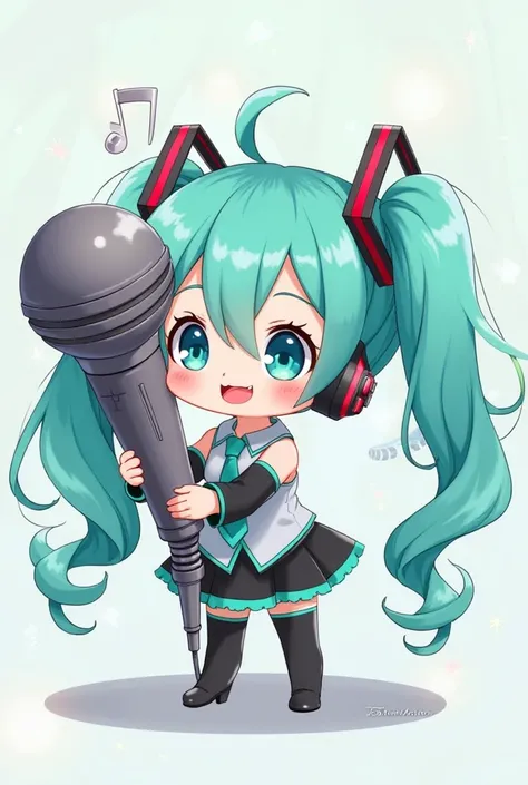 chibi hatsune miku with a giant microphone next to her