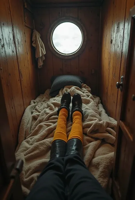 "A first-person perspective of someone waking up in a small wooden room aboard the Titanic in 1912. The person is lying on a simple bed, covered with a thick blanket and wearing long yellow socks and black boots. The environment is narrow and rustic,  with...