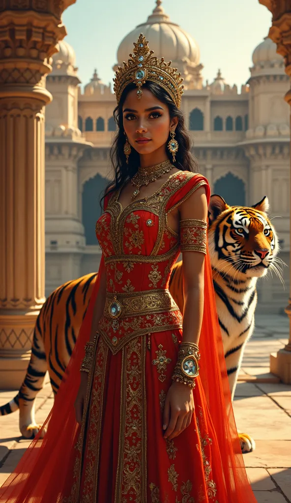 A stunning young queen stands gracefully, adorned in a majestic traditional Indian royal dress with intricate gold embroidery and vibrant jewel tones. Her regal presence is emphasized by an ornate crown encrusted with precious gems, and she gazes forward w...