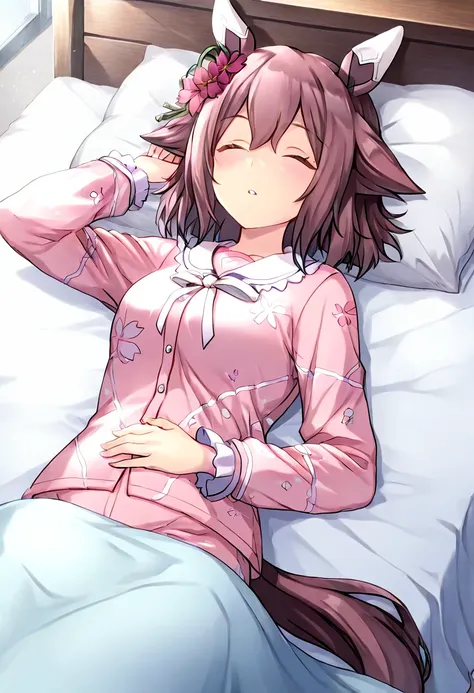 bed room, indoor, morning, (1girl), sleeping, parted lips, lying on back on bed,　blanket, arm up, hand on stomach, flower printed pajamas, umamusume, Sakura Chiyono O\(umamusume\), masterpiece, best quality, absurdres, ultra detailed, very aesthetic