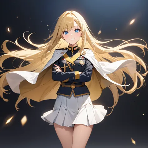 High resolution, high quality, HD, beautiful female, 1 female, beautiful, ager, cheerful, smiling, medium breasts, long straight hair, blonde hair, blue eyes, gold military uniform, white skirt, shor skirt, white cape, black boots, cross arms