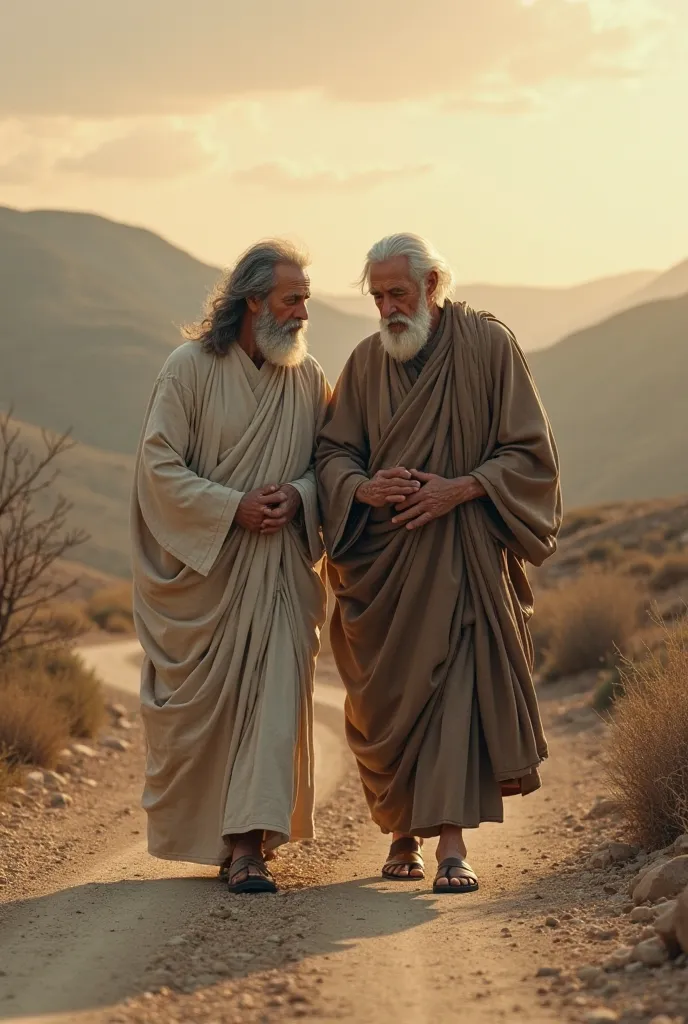 two biblical old man holding hands and helping each other walking together on road