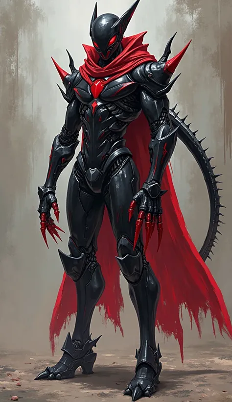 anime style. handsome and slightly scary black and red cyborg guy. He has sharp claws.  slim physique.  height 190 cm , weight 95 kg . A triangular, head with one eye in the middle. there is a frightening long tail at the back with a sharp blade at the end