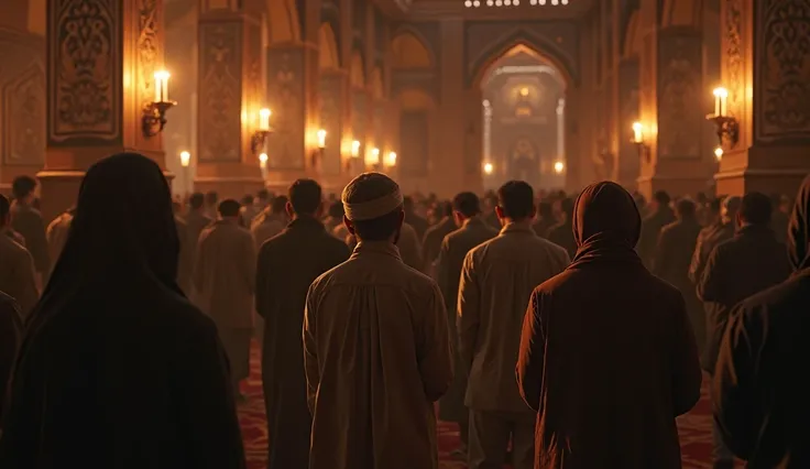 "The Last Night of Ramadan in the Mosque" – Tears flowing in prayers, people lost in devotion, seeking forgiveness.
