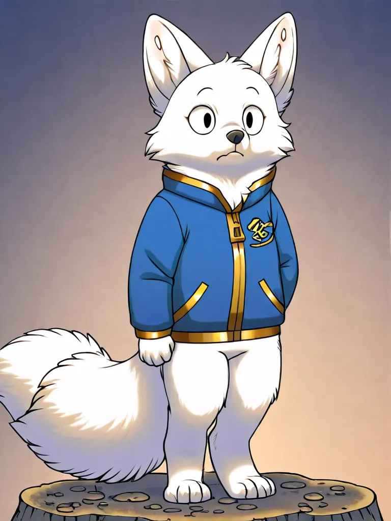 White furry fox, wearing a blue jacket,