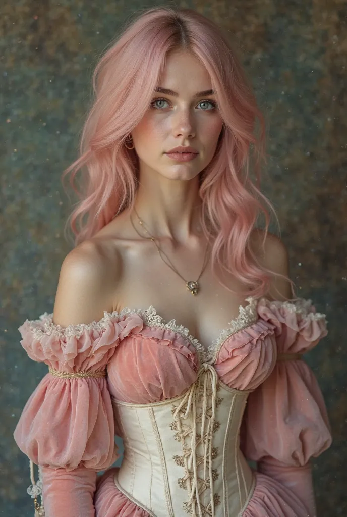  Girl 22 years old , in an elegant dusty pink dress velvet material, open shoulders, Cream-colored corset, open shoulders, smoky blue eyes, soft pink flowing hair 