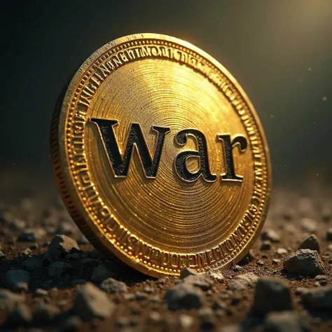 A shimmering gold coin, marked by the word "war" in deep letters, as a dark reminder of the price of conflicts.