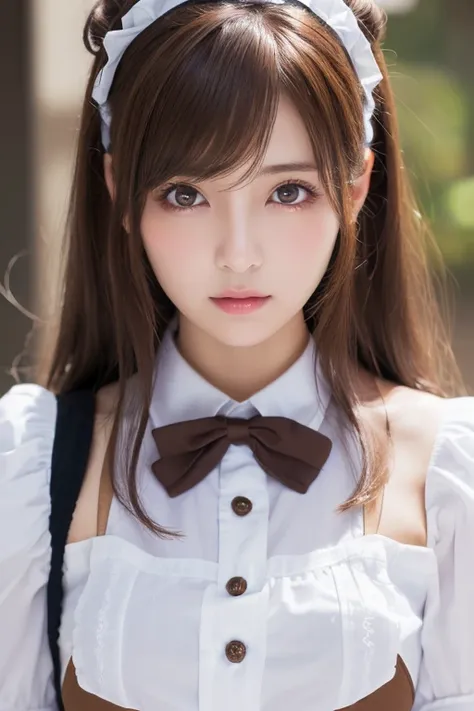 faceup,highest quality, masterpiece, 8k, Ultra-high resolution, (Realistic: 1.4), 1 girl, Beautiful Face, Symmetrical eyes, big, Perfect Body Proportions, ((Long Hair))、((Brown Hair:1.5)), Maid、((ゴスロリ風Maid服:1.4)), Viewer&#39;sight, ((Coffee shop、Blurred Ba...