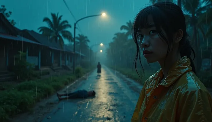 A dramatic night scene in a rural Vietnamese village during a heavy rainstorm. Minh Trang, a young woman wearing a thin raincoat, stops in amazement under a dim street lamp. Before her, a mysterious man lies motionless on the muddy roadside. The rain pours...