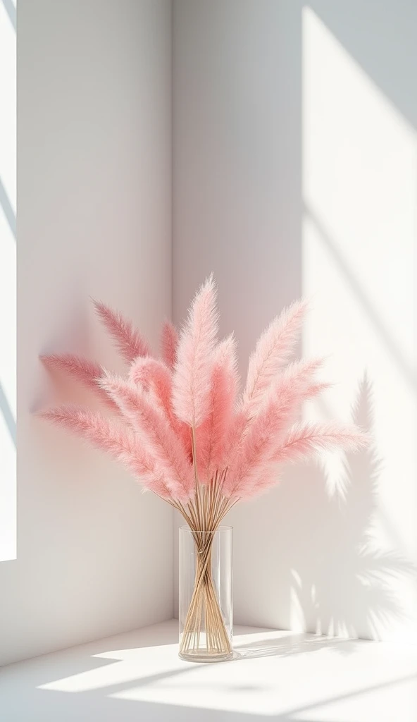 pink pampas grass  boquet in a transperent water round glass in the corner of room,,indoor,empty room,full room very wide view,soft light,white walls,super detailed art