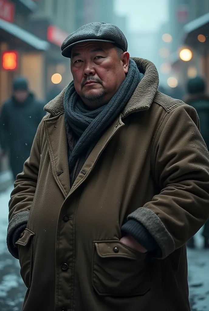 An Asian man with a bald head and a big belly, wearing a coat and hat over his head