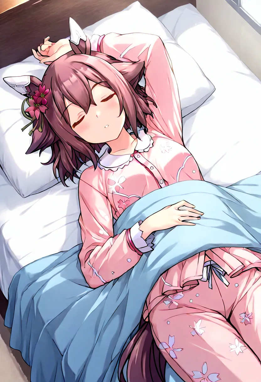 bed room, indoor, morning, (1girl), sleeping, parted lips, lying on back on bed,　blanket, arm up, flower printed pajamas, button pajamas, closed button, umamusume, Sakura Chiyono O\(umamusume\), masterpiece, best quality, absurdres, ultra detailed, very ae...