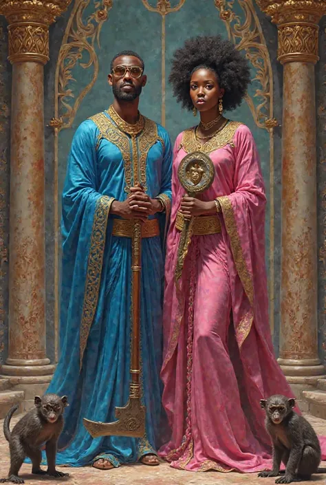 Twins couple , blue and pink African robes, axe and mirror in hand, palace, Little monkeys