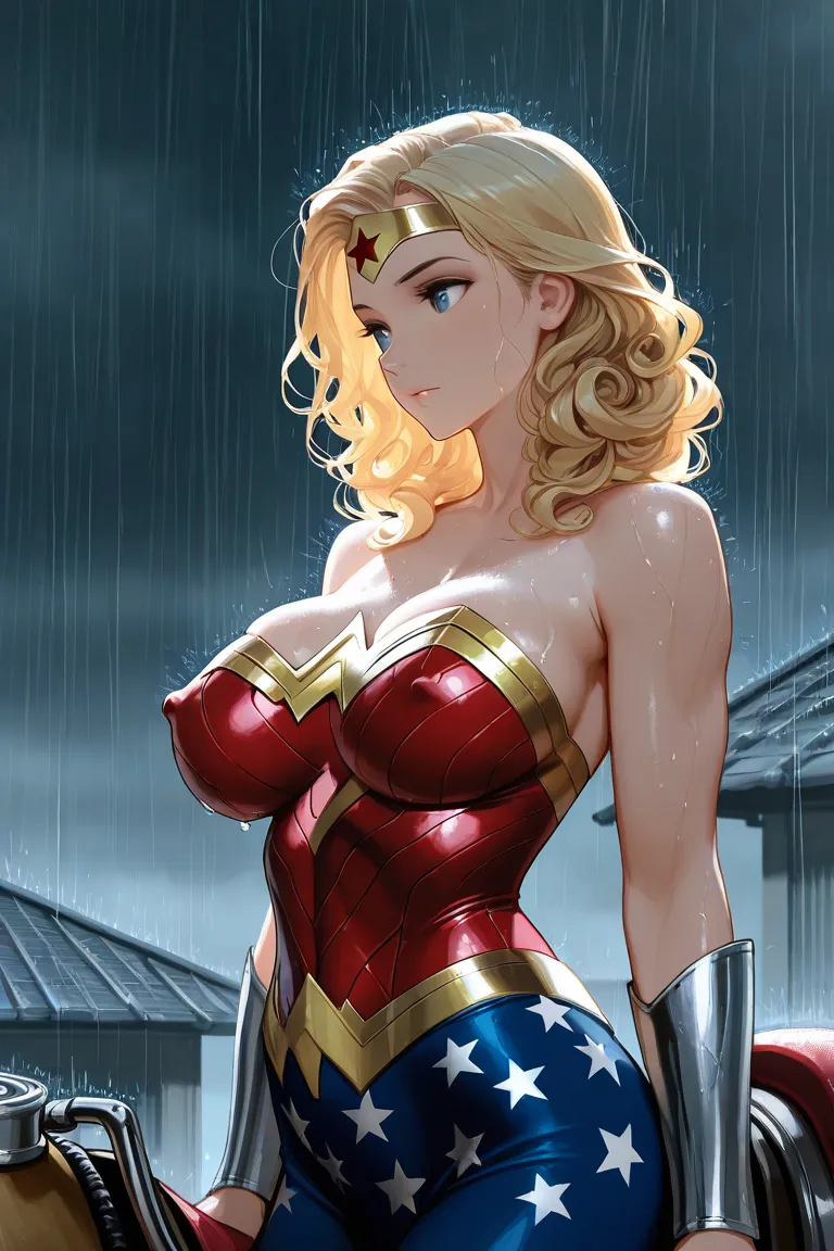   18 year old girl  ,  Wonder Woman Suit , Short Curly Hair, blond hair, beautiful faces, rain, roof, masterpiece, exquisite details, Perfect Anatomy,  combat posture、Big Breasts、erect nipples