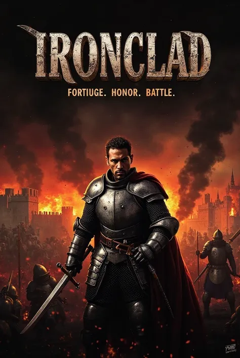 Prompt:

Create a dramatic and intense movie poster for Ironclad (2011). The design should feature a medieval castle under siege, with flames and smoke rising in the background to set a sense of chaos and battle. In the foreground, have a fierce knight, cl...