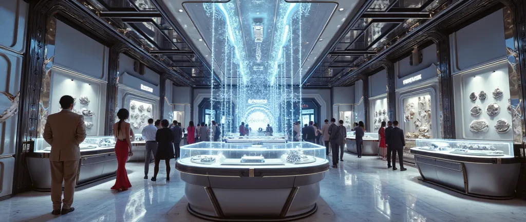 (photorealism:1.2), the most luxurious futuristic jewelry store that could be imagined