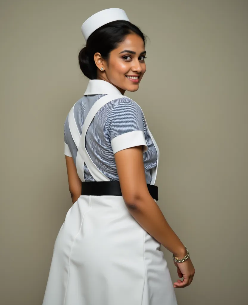 sri lanka ,1girl,Nursing Officer uniform, wearing nurse cap, black belt, from behind, upper part is 2 15cm broad white straps cross each other like a X, over the striped shirt.white collar and white arm bands, big .White color short skirt. soft studio ligh...