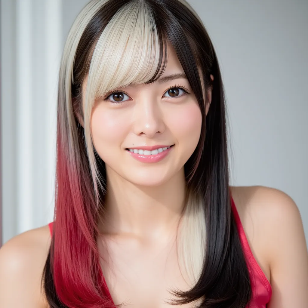 Silky smooth hair、Three hair colors: white blond hair, black hair, and red hair、Flush the bangs、 hairstyle is straight、Long hair up to chest、ponytail、and her whole body is in the picture