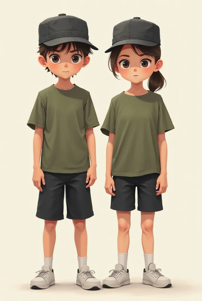 Boy and girl dressed in black shorts with military green t-shirt white sneakers and military cap 