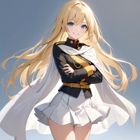 High resolution, high quality, HD, beautiful female, 1 female, beautiful, ager, cheerful, smiling, medium breasts, long straight hair, blonde hair, blue eyes, gold military uniform, white skirt, shor skirt, white cape, black boots, cross arms