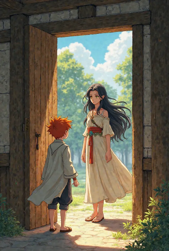 a yellow-haired human boy, yellow-eyed wearing a white adventurer's robe, Opening the door to an elf woman with black hair (Anime Style)