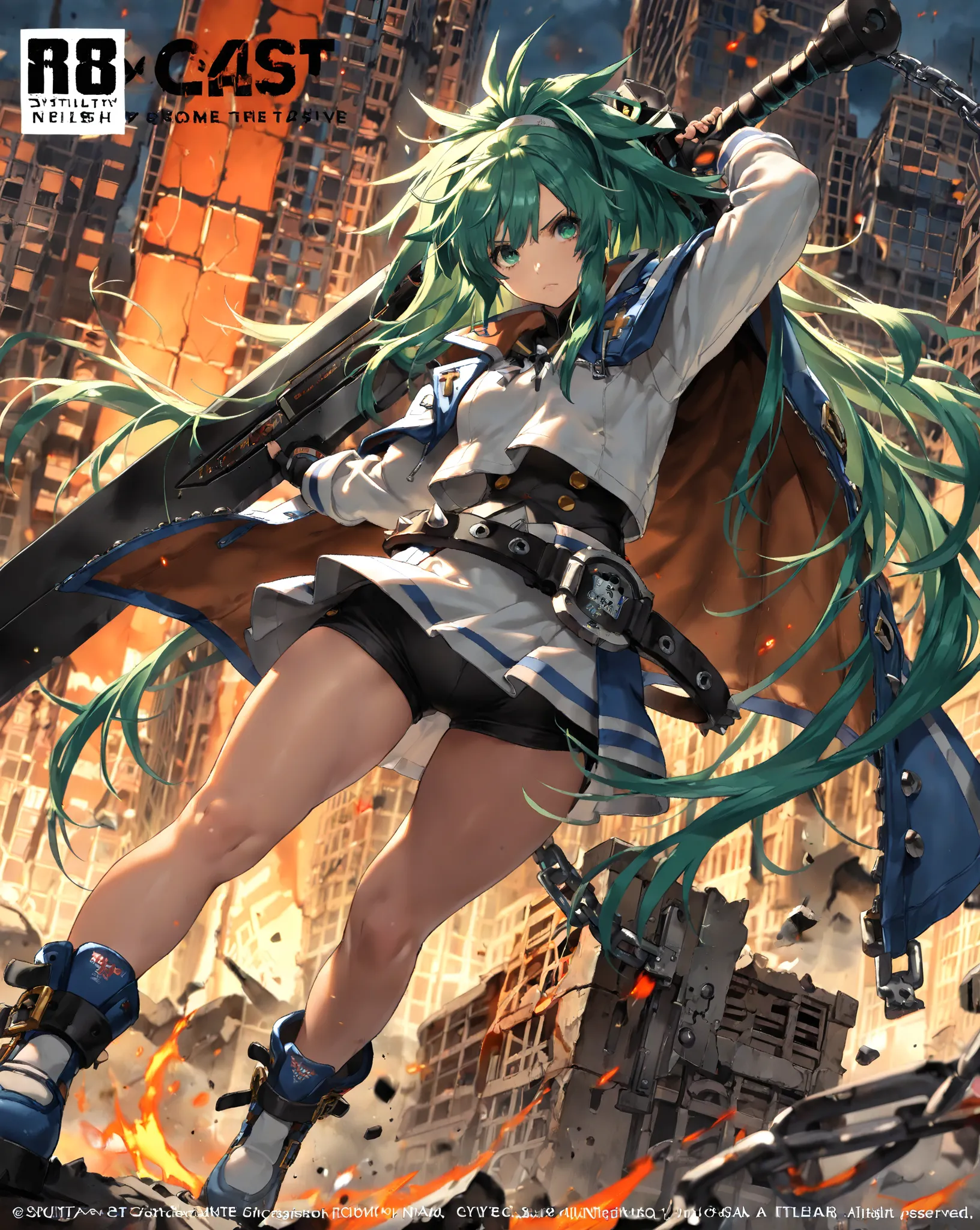 4K, Game's Cover, Guilty Gear Strive Style, 1 girl, solo, chains around her, extreme large Long Messy hair, cyan-Green colored hair, big bosom, buxom, jacket (with impressive details), shirt, spiked belt (large),  skirt, undershorts, spiked boots, holding ...