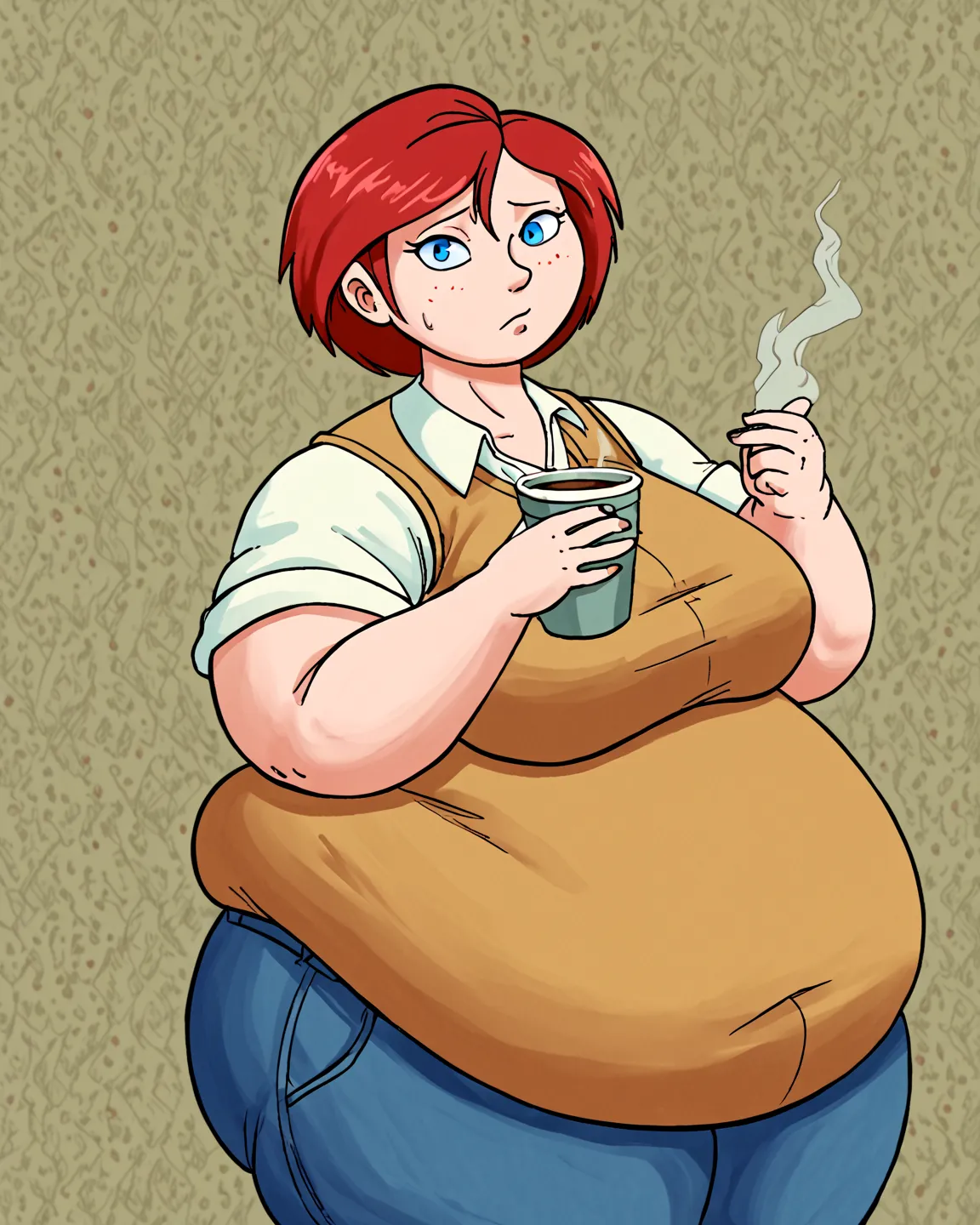 score_9, score_8_arriba, score_7_arriba, score_6_arriba, score_5_arriba, score_4_arriba, application \( style\), alicettv (obese body), short hair, blue eyes, red hair, beige shirt, short brown vest, jeans, Big head,   tiny body , (clothes that fit your bi...