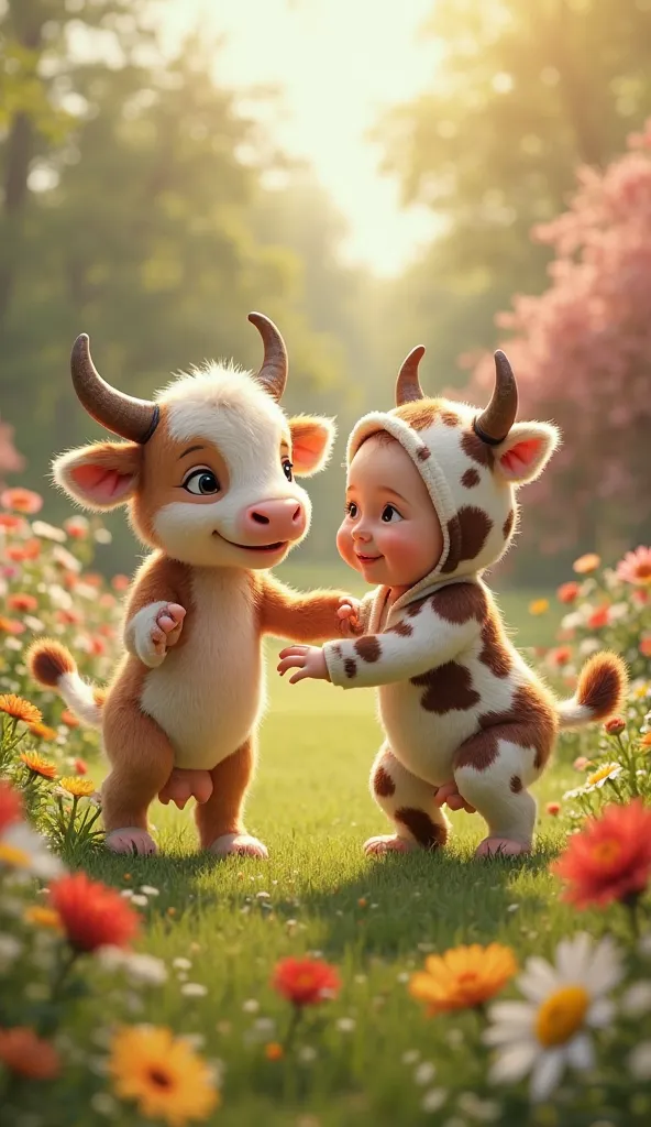 A baby cow and a baby dressed as a cow , The two are dancing on a flower-filled farm. "Realistic image"