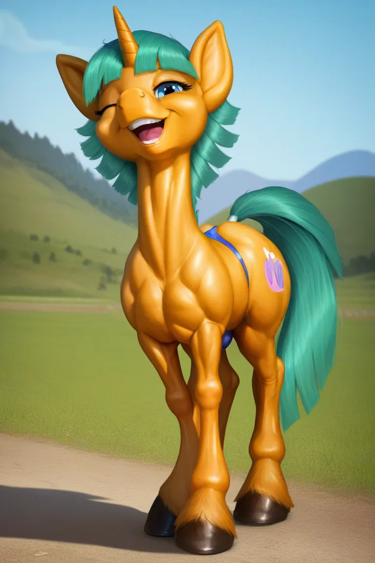 nj5furry, (golden horse, huge), golden horse, ((extremely realistic shadows, masterpiece, extremely detailed, photorealistic)), kemono, golden skin, jet black hair, blue eyes, wearing a tiny thong revealing huge muscular thighs, bulge in the crotch, Meadow...