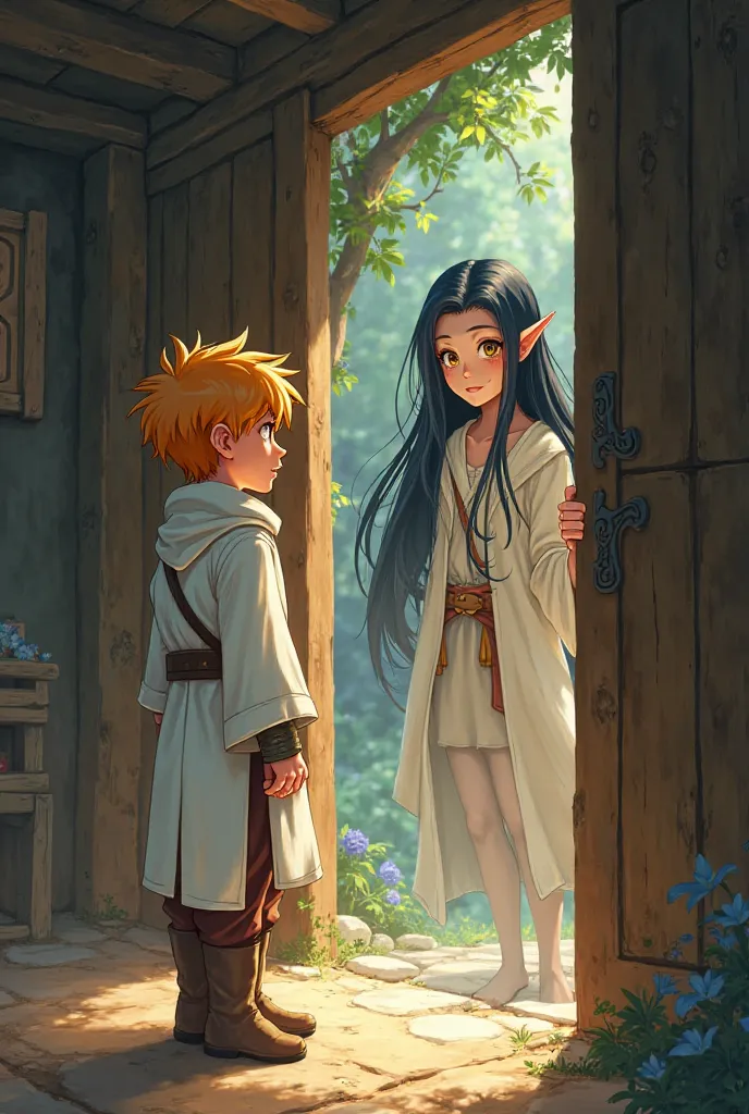 a yellow-haired human boy, yellow-eyed wearing a white adventurer's robe, opening the door to an elf woman with black hair (Anime Style)