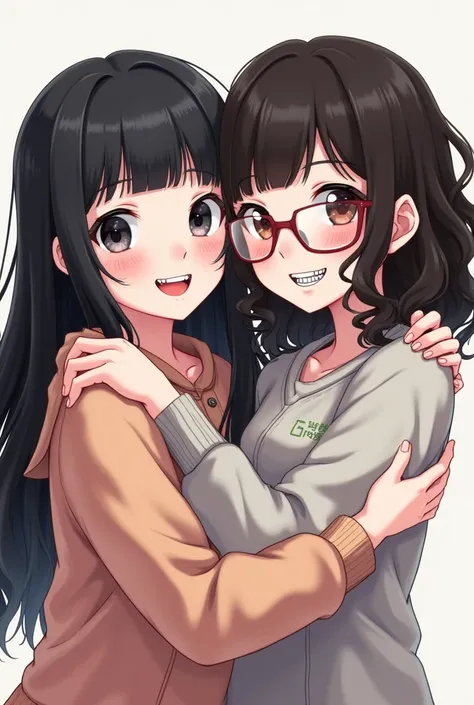 two girls hugging each other,  one with black hair , long and straight without bangs, white skin smile with dimples and braces, a mole on her cheek next to her nose,  the other white-skinned girl , black hair with curls without bangs, rose-colored glasses