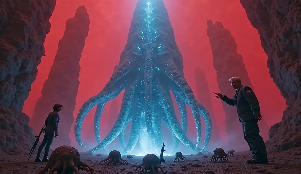 Low-angle shot of a towering soft- bodied creature (500 ft tall, glowing blue, with short whip-like tentacles) rising from black stone, its massive form dominating the frame. Five soft-bodied creatures (6 ft long, octopus- like with tiny wriggling legs, gl...