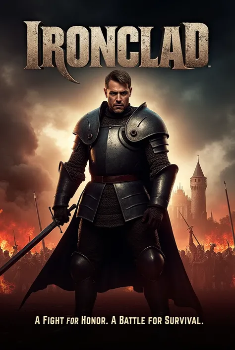 Prompt:

Design a powerful and visually striking movie poster for Ironclad (2011). The poster should feature a medieval castle under siege, surrounded by smoke and flames, with intense battle scenes taking place in the background. In the foreground, depict...