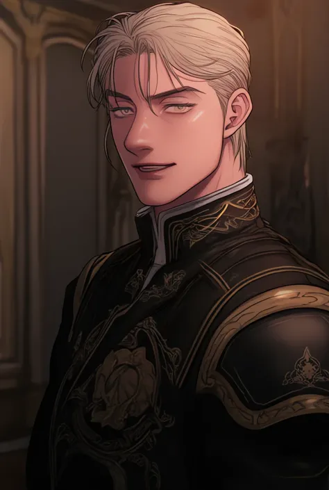 A man with blond hair slicked back, light blue eyes, a masculine face, an athletic and strong body, wearing black imperial clothes, with a confident smile on his face, in a palace 