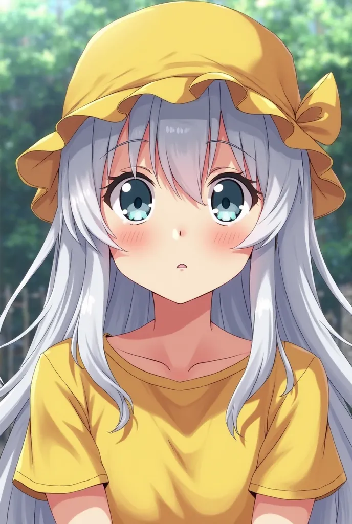 Draw me an anime female avatar, she is adult white hair, yellow hat, yellow t-shirt, with the camera placed close to her face, she looks confused