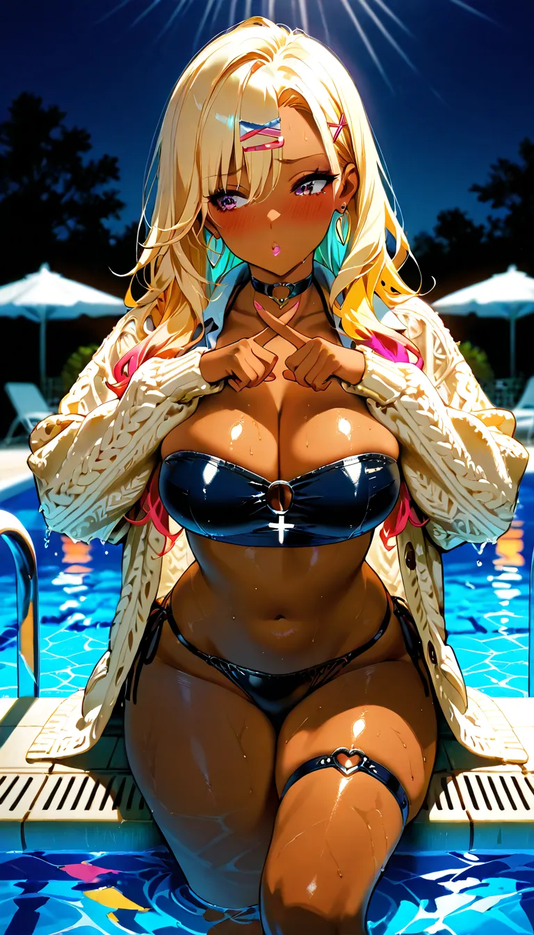 ((masterpiece)), Highest quality, super details, Hi-Res,  extremely detailed CG integrated 8K wallpaper, HQ_HDR,(Perfect Anatomy,anatomically accurate), ( Outdoor Poolside ),( beautiful lighting arranged in an orderly manner), ((swimming club manager Gyaru...