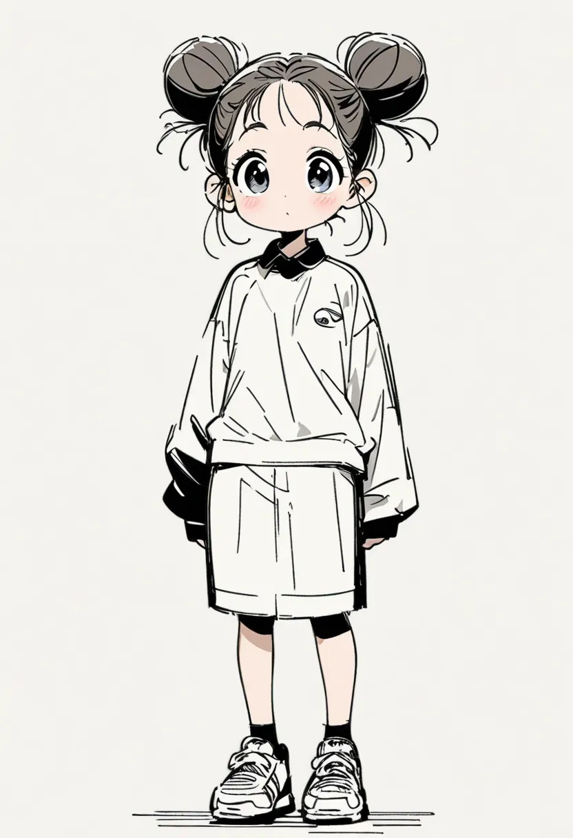 (Highest quality:1.2),  anime sketch , Black and white,  black line art ,  cartoon character design, 1 girl, alone, big eyes,   cute expression  , double buns,  shirt,  work clothes, Sneakers, standing,  playful, Interesting, Simple lines