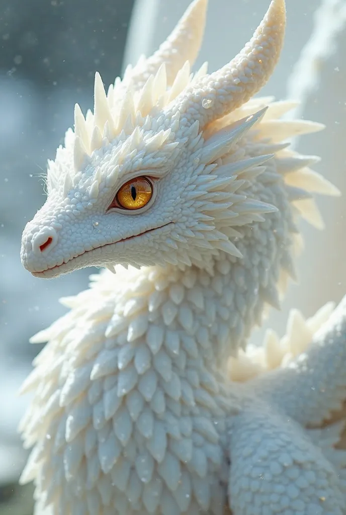 A large dragon in crystalline white with scales that resemble small crystal tips, golden eyes, serene and gentle presence, wings with small bright spots of light, aviary face with a small beak at the tip.