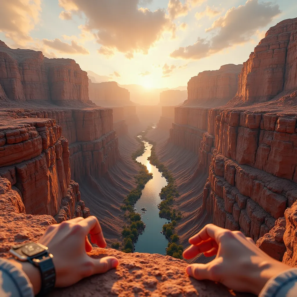 First-person POV shot from the edge of a breathtaking canyon, surrounded by towering mountains. The viewer's hands rest on a rocky ledge, showing a vast landscape stretching into the horizon. The canyon walls display deep red and orange tones, with layers ...