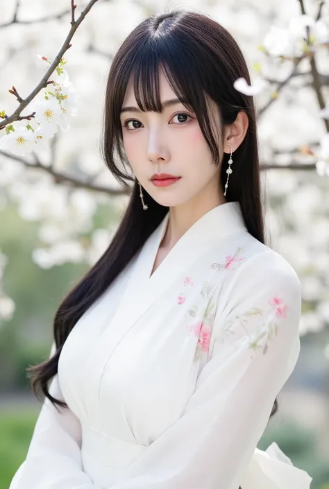  Anime-style photograph of a pale-skinned, slender Asian woman with long black hair and bangs, wearing a white floral kimono, delicate jewelry, and holding a dangle earring. Background features cherry blossom branches with white flowers, evoking an etherea...