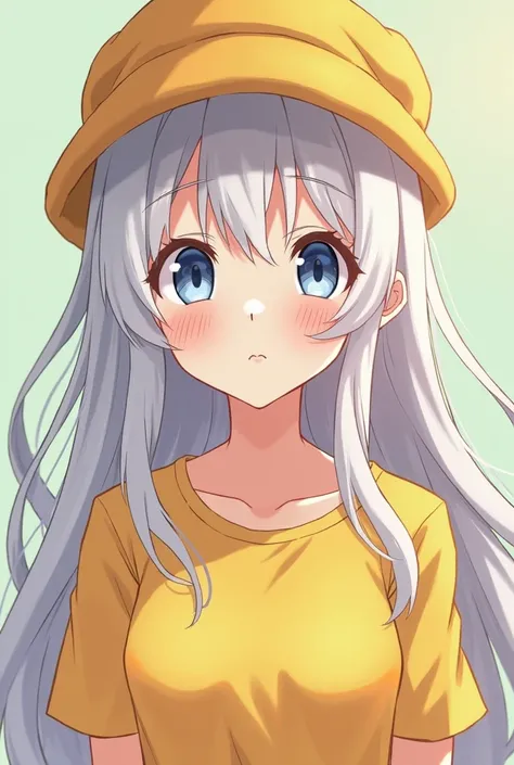 Draw me an anime female avatar, she is adult white hair, yellow hat, yellow t-shirt, with the camera placed close to her face, she looks confused