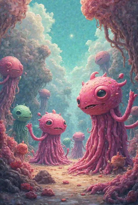 Strange scene with round cute monsters, they have fluid appendages, colorful, weird