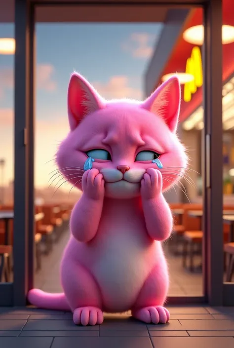 ultra realistic image 

"A big and cute pink cat is leaving a fast food restaurant, similar to McDonald's, with a sad and crying expression.  Her tears flow down her face , and he seems desperate. The surrounding environment is illuminated, with the restau...