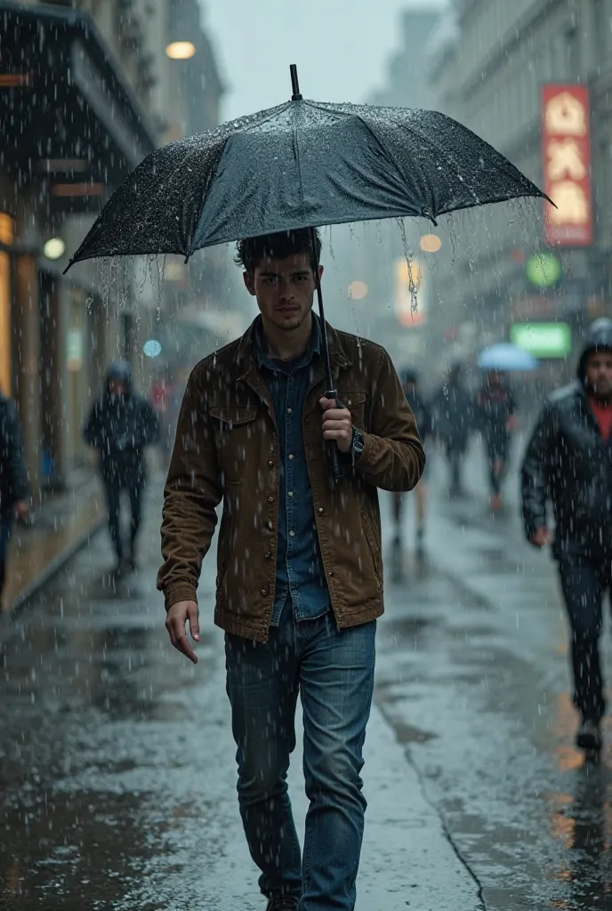 Prompt: A young man walks outside without an umbrella, and suddenly heavy rain starts pouring down. He gets completely drenched, standing helplessly in the middle of the street. His clothes are soaked, and he looks frustrated. The background shows a rainy ...