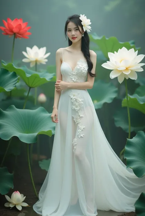 a woman in an elegant, flowing white gown adorned with floral designs. She is standing in a serene environment surrounded by large lotus flowers in various colors, including white and red, along with broad green leaves. The setting resembles a tranquil gar...