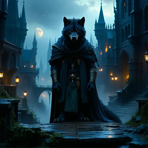 A werewolf on a gothic city at night