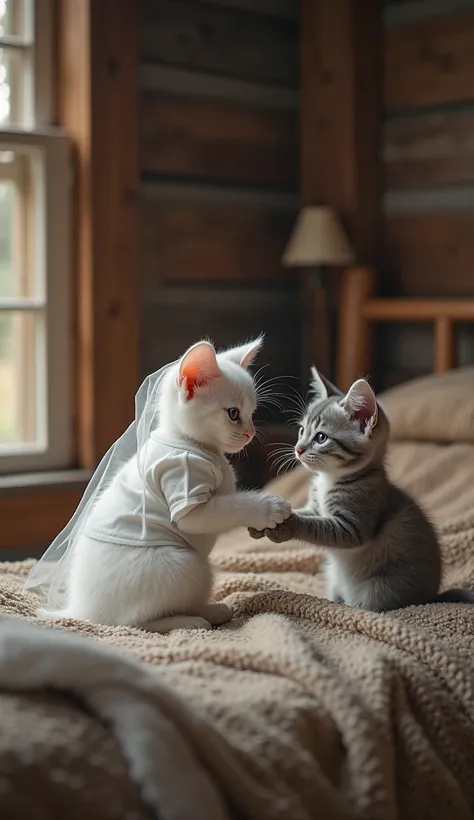 A white kitten wearing a T-shirt is lying on an old wooden bed, with a veil on the body,The forehead is woven
Next to it is a gray kitten, wearing a T-shirt, sitting, making an incision on the hand, giving a white cat.
The atmosphere is a warm wooden house...