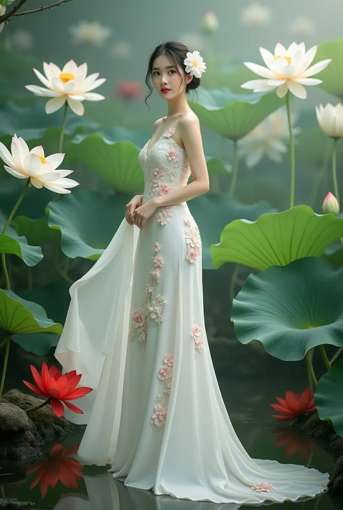 a woman in an elegant, flowing white gown adorned with floral designs. She is standing in a serene environment surrounded by large lotus flowers in various colors, including white and red, along with broad green leaves. The setting resembles a tranquil gar...