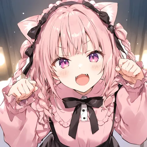 Solo,1girl, cute beautiful girl, Pink lolita Y2k Outfit, Pink hair, braids, Black ribbins, Paw pose, Open mouth, fangs,japanese (artist:mitsumi_misato),artist:fujiyama,artist:kokonoka, break,(masterpiece), (best quality), (ultra-detailed),(Detailed Lightin...